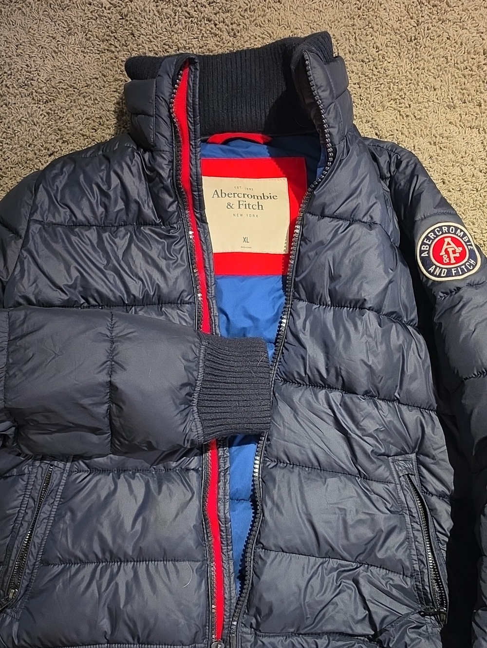 Abercrombie & Fitch Navy Puffer Jacket with Red Trim